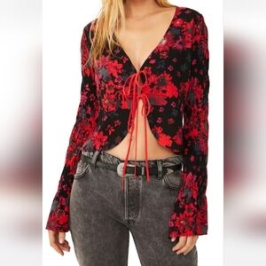 Free People Boho Long Sleeve Black & Red Long Sleeve Front Tie Top Women's Large
